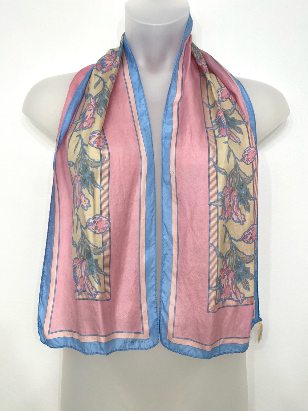 Elaine Gold 100% Silk Scarf Made in Japan Pink Blue Floral Vintage Rectangular